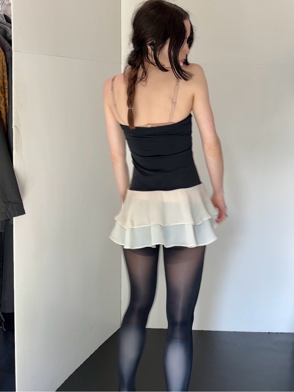 Black Strapless Top with Cream Ruffle Mini Skirt
